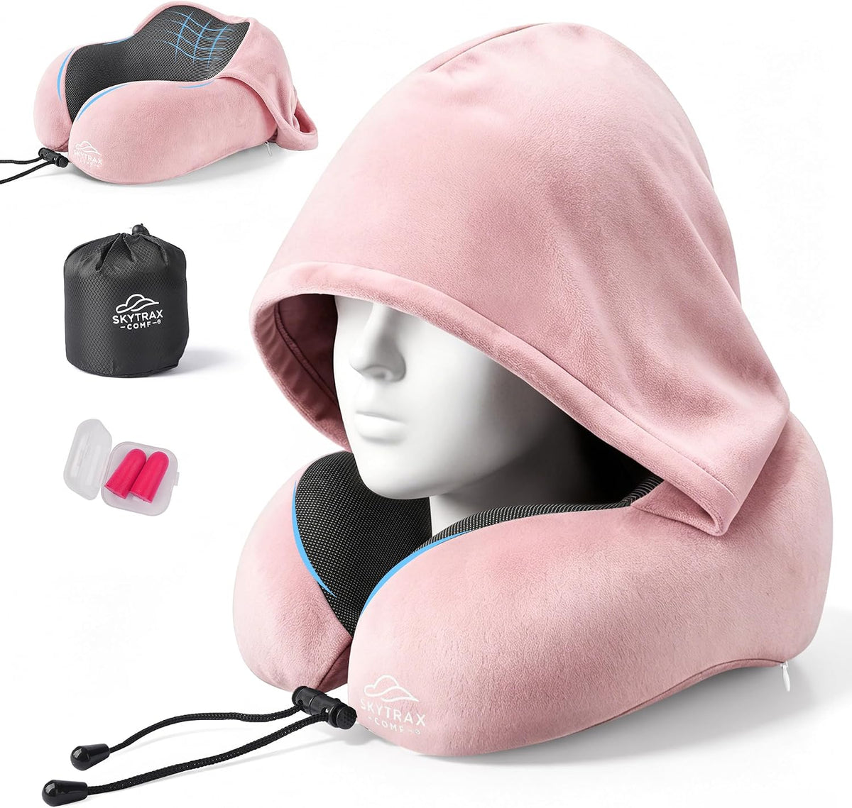 Skytraxcomf® Travel Neck Pillow with Hood for Privacy on Long Flights