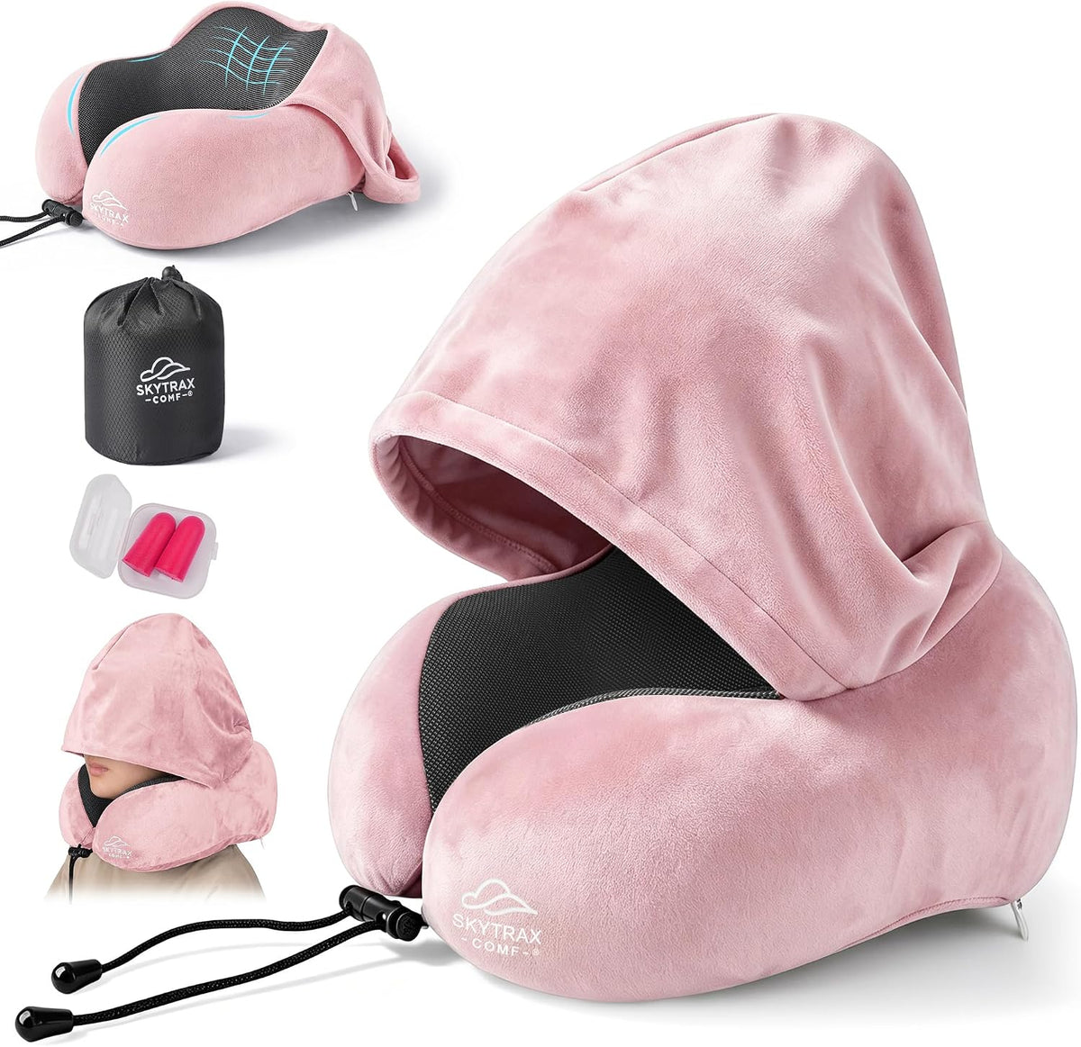 Skytraxcomf® Travel Neck Pillow with Hood for Privacy on Long Flights