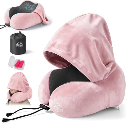 Skytraxcomf® Travel Neck Pillow with Hood for Privacy on Long Flights