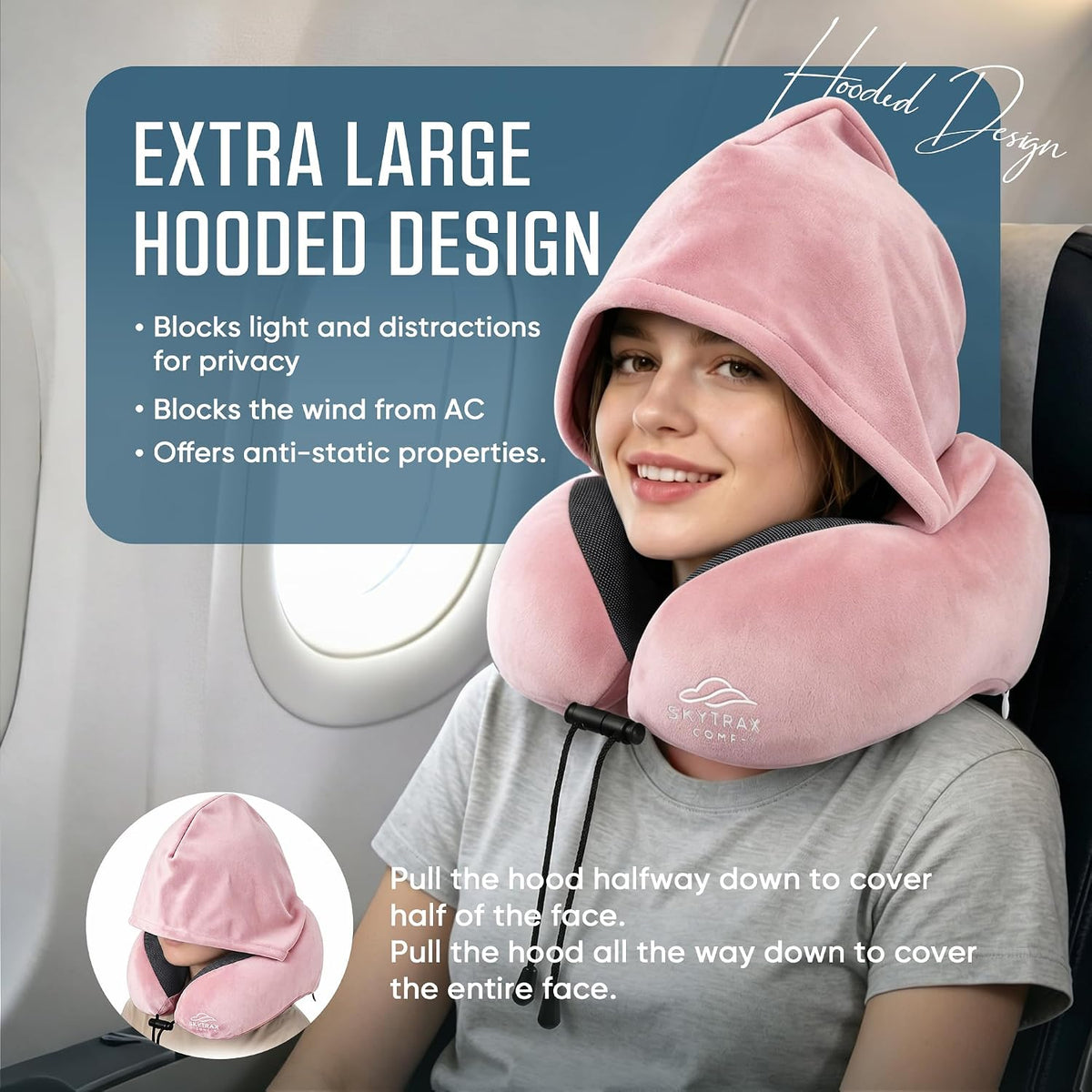 Skytraxcomf® Travel Neck Pillow with Hood for Privacy on Long Flights