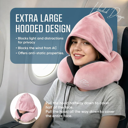 Skytraxcomf® Travel Neck Pillow with Hood for Privacy on Long Flights