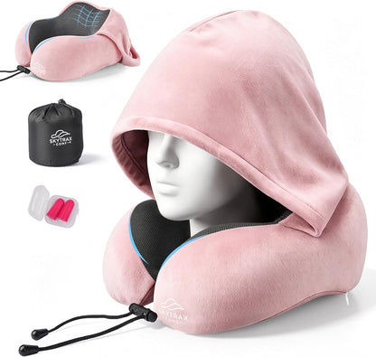 Skytraxcomf® Travel Neck Pillow with Hood for Privacy on Long Flights